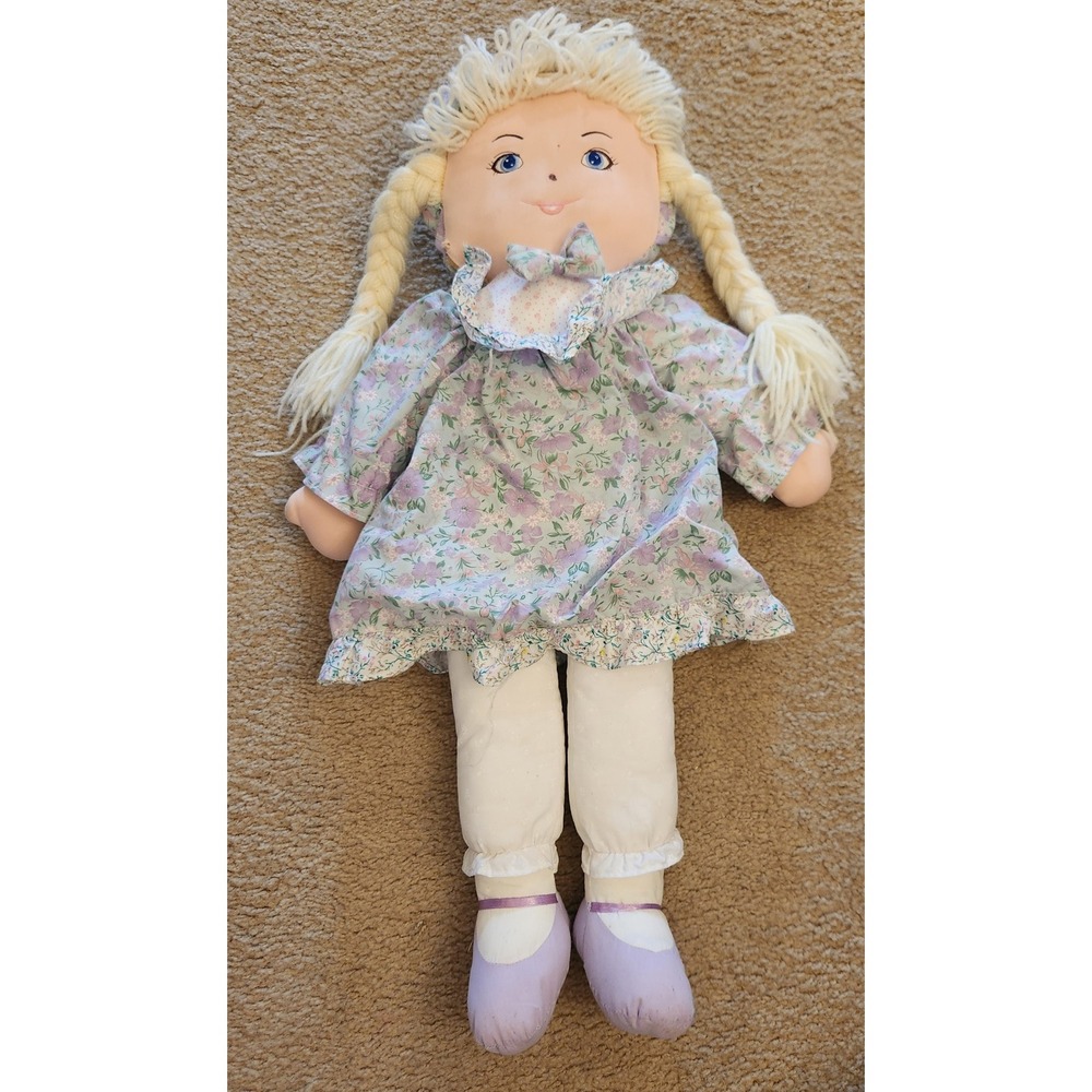 Vtg Soft Rag Doll Lavender Floral Dress Bonnet Yarn Pigtails‎ Cottagecore Plush